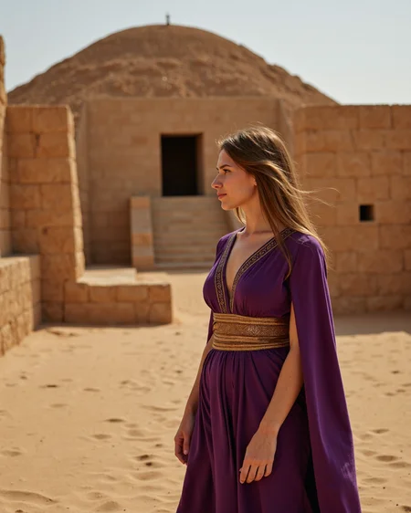 (high definition), (cinematic) photo of a (Mesopotamian woman dressed in ancient Sumerian robes), 18 years old, standing in front of a ziggurat, Sensual mystique, dreamy photo, Dynamic Lighting, narrow waist, slim body