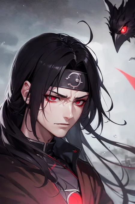 (ItachiUchiha:0.8),best quality, more details, masterpiece, portrait, 1boy, male focus, uchiha itachi,  (mature male:1.4), (evil:1.2),(from below:1),akatsuki uniform,rain, bird, black feathers, black hair, cloudy sky, crow, dark background, falling feathers, fantasy, feathers, forehead protector, glowing, glowing eyes, headband, konohagakure symbol, mangekyou sharingan, night sky, ninja, solo, red eyes, sharingan, solo, somber expression, looking down, dark energy, colorful, vibrant colors, portal to another world, side view, face_focus, zoomed_face, zoomed_in, bokeh, 
bloody, evil, dark,moody, spooky background, villian, colorful, beautiful, 
ultra realistic, intricate details, elegant, hyper realistic, tonemapping, hyperfocus, sharp focus, [volumetric lighting],photorealistic realistic, luxurious, 8k, detailed, ray tracing, depth of field, cinematic lighting, small gold particles,