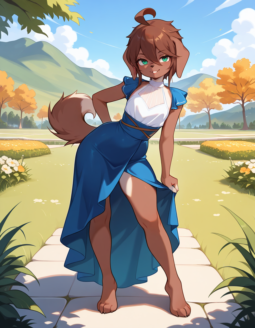 masterpiece, best quality, very aesthetic, absurdres,
outdoors, dressed,
full body, standing,posing, 
seductive smile, parted lips, long eyelashes,
<lora:Kess_v01_NAIXL:1>
Kess,1girl,solo,furry,furry female,dog girl,brown hair,short hair,hair between eyes,dog ears,green eyes,snout,animal nose,body fur,brown fur,dog tail,