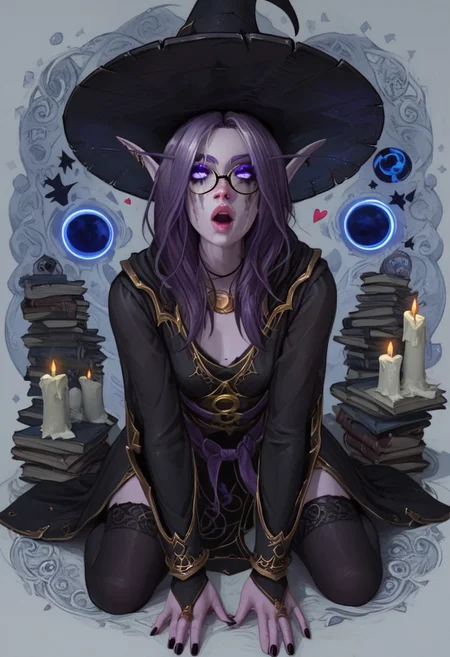 masterpiece, score_9, score_8_up, score_7_up, score_6_up, score_5_up, score_4_up, 1girl, glowing purple eyes, light purple skin, Void elf, elf ears, long hair, purple hair, purple skin, petite body, playful, hearts, very cute, sexy black witch outfit, black witch hat, black thighhighs, kneeling, mouth open, looking up at viewer orgasm, witch hut background, d3t41l3d, 4ng3l face, W1tchyC0ttagec0re, eyeliner, heavy makeup, eye makeup, witch cottage, full body view
(high detailled background), detailled face, alchemist lab background, bookshelf, alchemist tools, candles, glasses, books