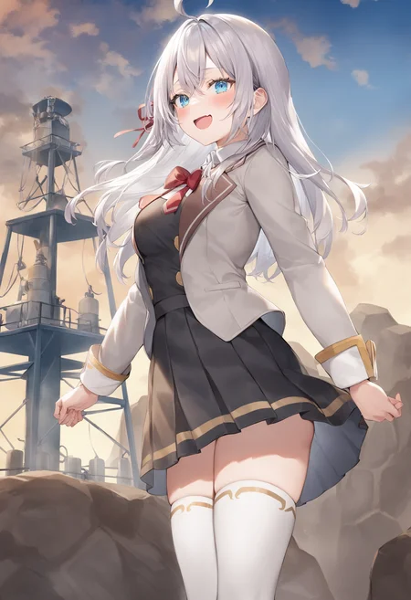 1girl, alisa mikhailovna kujou,tokidoki bosotto roshia-go de dereru tonari no arya-san,<lora:alisa_XL_v1:0.8>
solo, long hair, eyebrows visible through hair, hair between eyes, silver hair, hair ribbon, blue eyes, medium breasts, school uniform,white legwear,zettai ryouiki, long sleeves, jacket,
from side, wide shot, looking back, happy, geyser, open mouth,
best quality, very aesthetic, absurdres