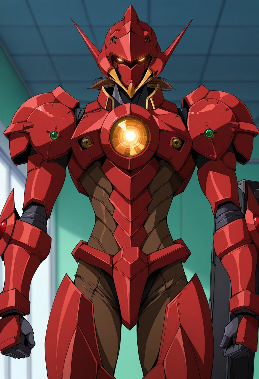 masterpiece, best quality, , anime screencap, anime coloring, , , 1boy, solo, male focus, <lora:issei_hyoudou_ilxl:0.98>, issei_hyoudou, brown hair, brown eyes, hair between eyes, short hair, armor, full armor, robot, mecha, glowing eyes, no humans, , Mosaic Straight-leg pants, PistachioGreen Field jacket, , Gatsby cap, Pelican Case (protective case) and and