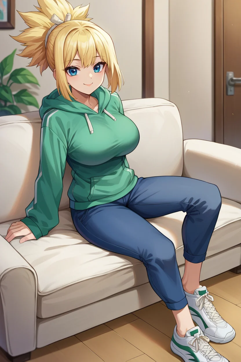 score_9, score_8_up, score_7_up, score_6_up, source_anime, BREAK 1girl, solo, <lora:dskohaku-pdxl-nvwls-v1-000005:1> dskohaku, blonde hair, short ponytail, blue eyes, big breasts, green hoodie, sleeves past wrists, blue pants, sitting, couch, looking at you, smile, happy, closed mouth, sneakers, indoors, living room