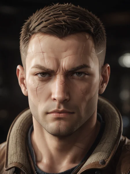 score_9, score_8_up, score_7_up, score_6_up, BREAK, WJBlazkowicz, short hair, black hair, buzz cut, facial hair, scar, serious face <lora:WJBlazkowicz:1>