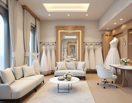 <lora:JJsBridalStore_Flux:1> ((bridal store)) , ((best quality)),((masterpiece)),((realistic)),indoors, mirror, reflection, chair, sofa, curtain, table, photorealistic, authentic, indoor scenery, highly detailed, ceiling light, cloth, glass, sky, center composition,