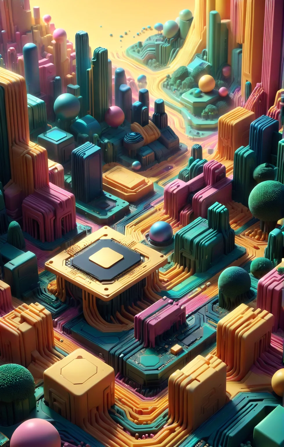 3d isometric, blender render, soft colorful-hued colors, rbbrwrld, a circuitboard cityscape, ram, chip, cpu, gpu <lora:rbbrwrld-000019:1> Two tone lighting, abstract geometric gradients, geometric shapes, simple background