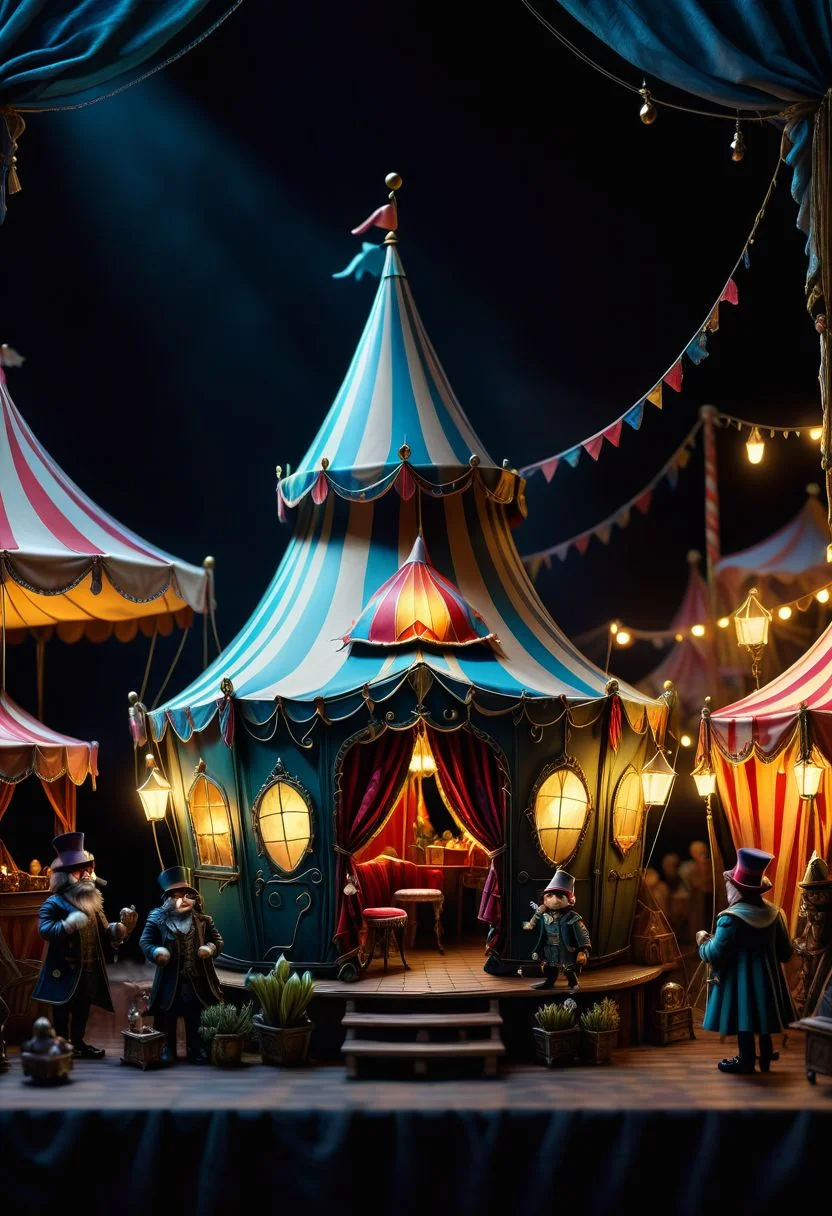 dark, night, town, puppet elf with fluffy material, a miniature theatrical scene with a circus tent, cozy, warm, black background, raw, detailed texture, the smallest details, absurdres, hyper-detailed, highest resolution, 4K