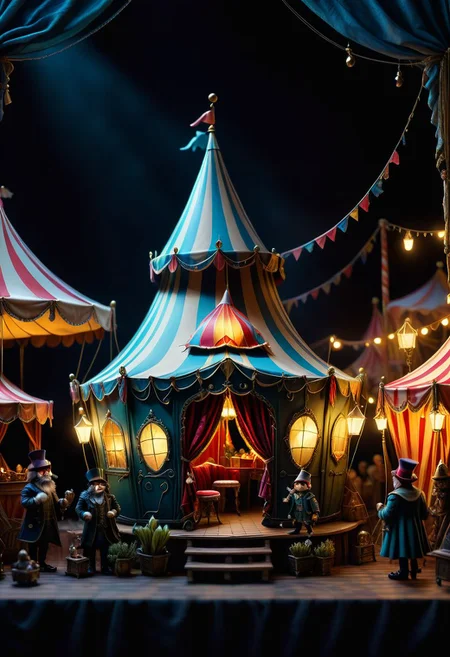 dark, night, town, puppet elf with fluffy material, a miniature theatrical scene with a circus tent, cozy, warm, black background, raw, detailed texture, the smallest details, absurdres, hyper-detailed, highest resolution, 4K