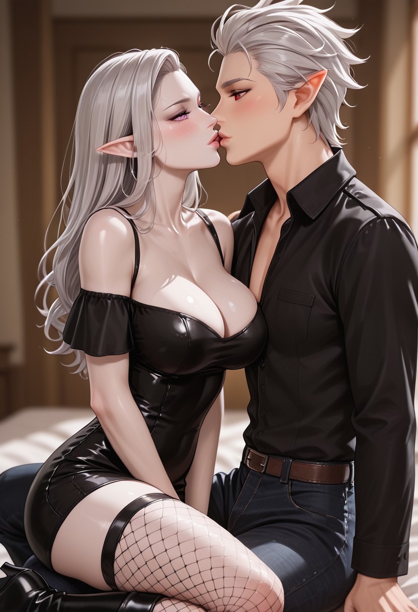 score_9_up, score_8_up, score_7_up, masterpiece, absurdres, raytracing, ambient occlusion, dynamic, cinematic, depth of field,8K,illustration, shiny hair,clear skin,ultra-detailed-eyes, (perfectly shaped lips:1.3), ((ultra-detailed faces:1.3)),(((tenderly kissing lips, half lidded eyes, blushing))), ((duo:1.2)), (((1woman, pointy ears, purple eyes, long straight silver hair, pale skin, large breasts))), ((the woman wears a red and black dress, shoulder cutout, off-shoulder dress, thigh high fishnet stockings, high heels knee boots)), (((Astarion, 1man, pointy ears, red eyes, white hair, medium length, semi curls perfectly styled hair, with a single charming loose strand over the right side of his forehead, sharp jawline, graceful male face features, little forehead wrinkles, extremely pale skin, toned body, tall))), ((the man is tall and muscular, wearing a  white shirt and black jacket, denim pants, and combat boots)), Idyllic forest background, sunset