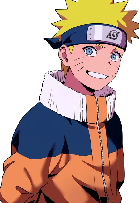 masterpiece, best quality, very aesthetic, absurdres,
1boy, uzumaki naruto, blonde hair, spiked hair, blue eyes, whisker markings, facial mark,
forehead protector, jumpsuit,
smile, arms behind back,
upper body, looking at viewer, solo, simple background, white background, <lora:NarutoGeninNoobXL_byKonan:1>