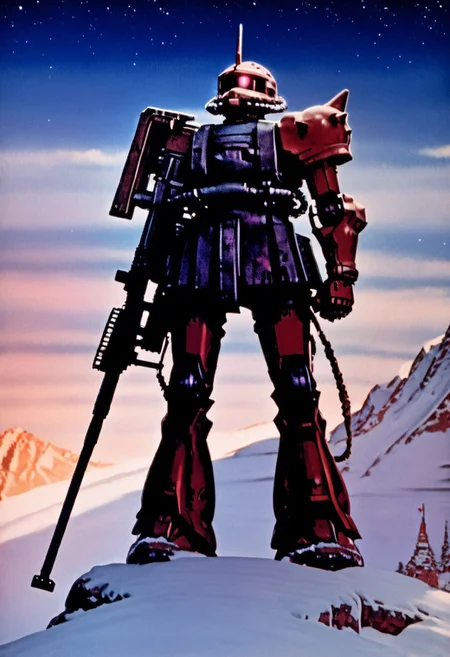 score_9, score_8_up, score_7_up, cowboy shot, side view, BREAK, ( garma_zaku, pink monoeye, one eye, looking to the side, holding rifle in both hands, ) 1mech, mech focus, solo, BREAK, snow, ice, ice mountains, dark blue violet sky, night time, starry sky, Realistic, Relaxed, Moonlit, beautiful detailed supreme quality color intricate, dynamic dramatic beautiful full taking, contemporary fine detail, highly detail, dynamic background, positive emotional, background curving upwards,