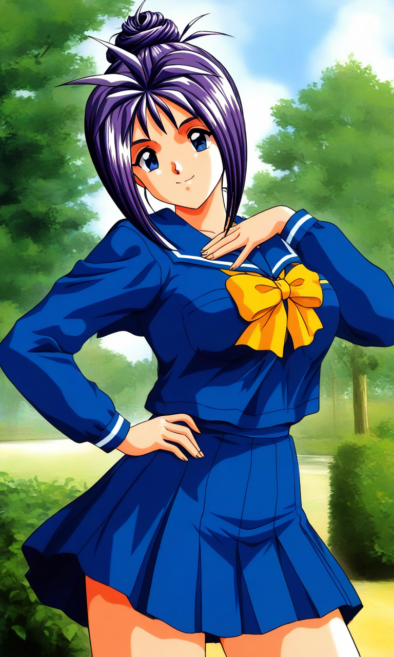 general,highres, ultra-detailed,very aesthetic,best quality ,best hands, BREAK <lora:Katagiri_Ayako_Tokimeki_Memorial_IS:1>
Katagiri_Ayako(Tokimeki_Memorial), 1girl, solo, blue eyes, purple hair, single hair bun, short hair, bangs, large breasts,
school uniform, blue serafuku, blue skirt, Yellow bow, hand on own chest, sailor collar, blue sailor collar, 
hands on own hip,
smile, long sleeves, pleated skirt, outdoor, tree, sky,