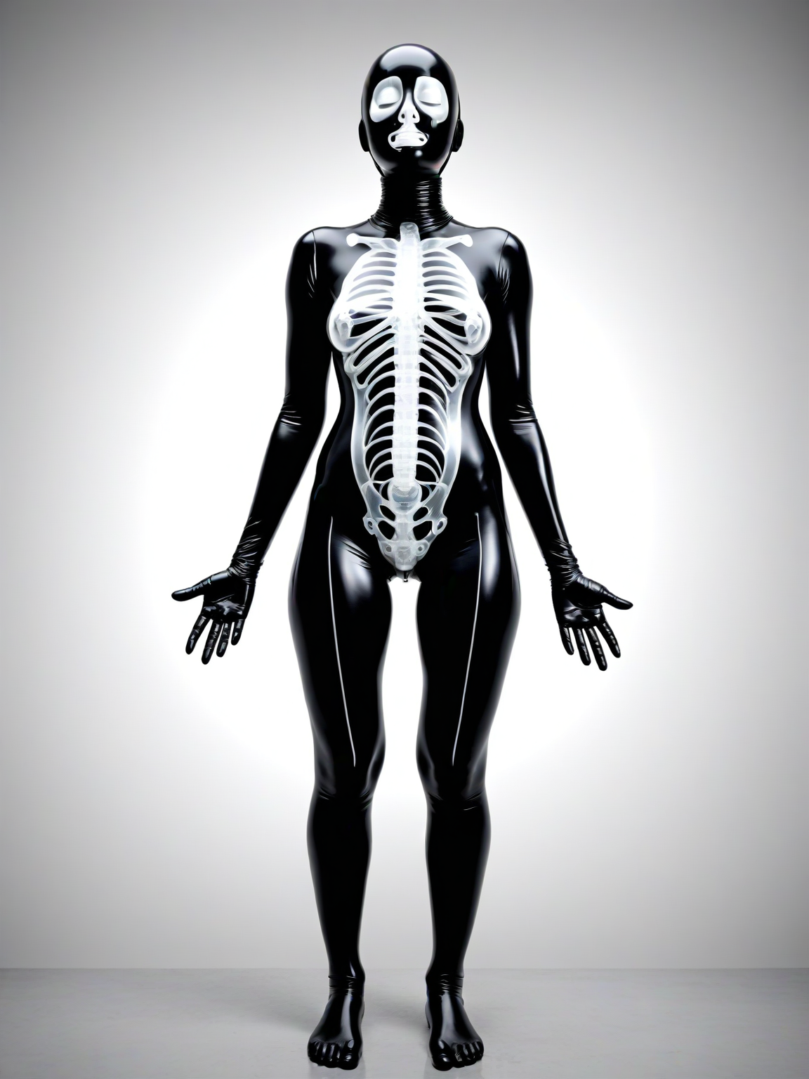 woman arms behind head, body leaning forward slightly, legs crossed, thoughtful and relaxed body language, wearing rubber gimp suit, grotesque, abstract, x-ray art, <lora:DeconDada-000008:0.5>
