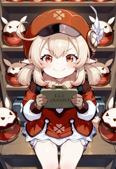 1girl, Klee \(Genshin Impact\), sitting, smile, v-shaped eyebrows, from above, shelf, (holding:1.5), claymore \(mine\), (jumpy dumpty:0.5), masterpiece, best quality, amazing quality,