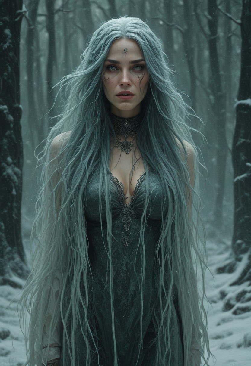 A woman with long, straight jade hair and piercing obsidian eyes, her expression cold and distant. She stands in the middle of a snow-covered forest, the white landscape adding to her ethereal, almost otherworldly presence. <lora:usual-portrait-v2:1.2>