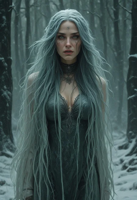 A woman with long, straight jade hair and piercing obsidian eyes, her expression cold and distant. She stands in the middle of a snow-covered forest, the white landscape adding to her ethereal, almost otherworldly presence. <lora:usual-portrait-v2:1.2>
