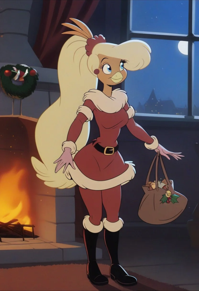 Goldie, big hair, beak, bird girl, solo, blonde hair,bird girl, long hair,1girl, red dress, furry female, dress, smile, furry, solo, christmas,blue eyes, fur, night, fur trim, fire, fur-trimmed dress, long sleeves, window, breasts, boots, santa costume, standing, black footwear, fireplace, gloves, fur-trimmed sleeves,blonde hair, sky, star \(sky\), bag, alternate costume, looking to the side, closed mouth, night sky, belt, happy, santa dress, small breasts, indoors, medium breasts
score_9, score_8_up, score_7_up, score_6_up <lora:GoldieRockaPony1.0:0.8>