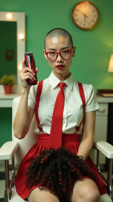Slender and busty Chinese woman sitting on a white barber chair, holding up an electric hair clipper for the camera.
She is staring at the camera emotionlessly. (She is bald, has a buzzcut shaved head:1.3).
White short sleeves shirt, bright red necktie, suspenders, red pleated mini skirt, watch, red glasses, earrings, large breasts.
(A large pile of short curly black and red hair with on her lap:1.2).
In a barber shop with green walls, retro, dresser, lights, clock, plant.
Realistic, high quality photograph, retro, 1980s, high contrast, intricate details, background blur.
<lora:perfection style v1:1> perfection style