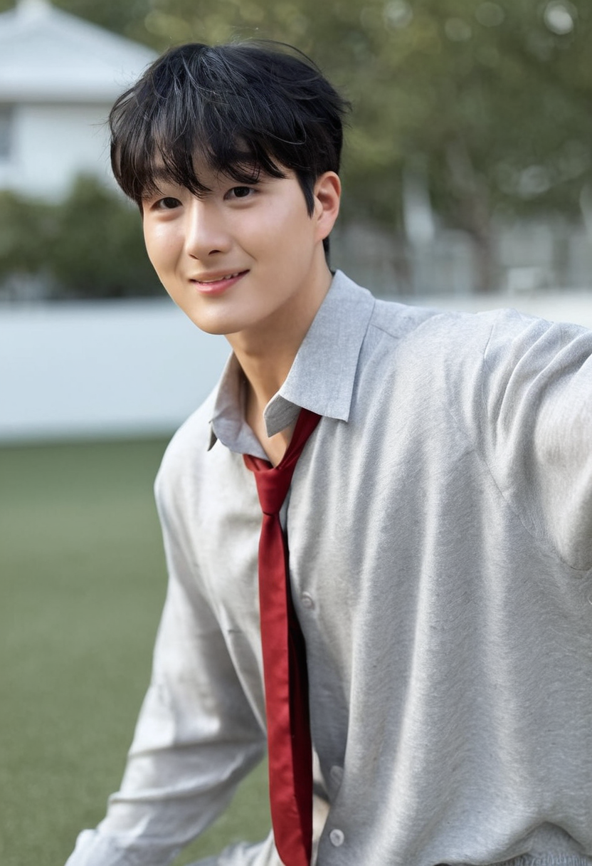 <lora:AsianGuy:0.8>, AsianGuy, (nodaeng:1.5), masterpiece, ultra-HD, cinematic lighting, photorealistic, (impressionism:1.5), high detail, depth of field, (blurred background), (dramatic lighting),masterpiece, best quality, very aesthetic,8k,masterpiece, best quality, realistic, masterpiece, best quality, 8k, breeze style, short hair,<lora:add_detail:1>, ((aesthetic_male_form:1.2, light skin)), (focus male), ((mature man:1.3)),
<lora:Breez_Style:0.95>, breeze style, shiny skin, fair skin, smooth skin, dynamic view,<lora:PenisQuiron_illus:0.8>, , score_9, score_8_up, score_7_up, score_6_up, intricately detailed illustration, masterpiece, best quality, amazing quality, very aesthetic, 1boy, twink ,20 years old, cute boy, solo, slim, popular, messy black hair, short hair, bangs, puffed sleeves, silk shirt, white shirt, detailed shirt, unposterioroned, open shirt, chest visible, red school tie passionate encountery look, (grey gym pants), bulge, looking at viewer, shy smile, schoolyard