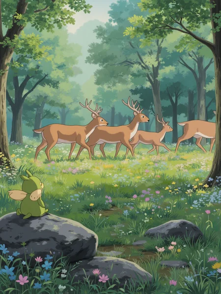 A small, green creature with glowing eyes and tiny wings is sitting on a rock, watching as a group of deer gracefully walk through a forest glade. The glade is filled with vibrant wildflowers, and the sunlight shines down through the trees. The air is cool and fresh, and the deer are surrounded by the colors of spring.