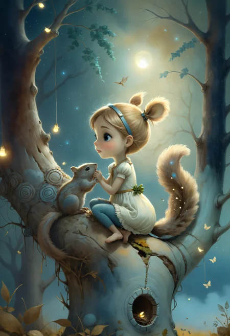 A girl and her squirrel nestled in the crook of a tree, sharing a whispered secret, surrounded by twinkling fireflies and soft moonlight, whimsical and dreamlike