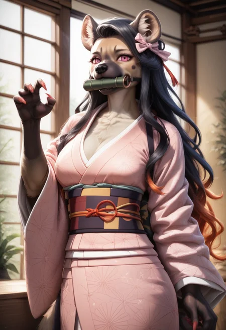 score_9, score_8_up, score_7_up, source_furry, beautiful female hyena furry ,1 girl(hyena), middle breasts,detailed face,kind look, bit gag, gag, japanese clothes, long hair, kimono, pink kimono, black hair, bamboo,  claw pose, pink eyes, solo, ribbon, asa no ha (pattern), haori, red nails, hair ribbon, checkered sash, sash, obi, fingernails, gagged, sharp fingernails, mouth hold, pink nails, pink ribbon, hc, ,castle room background(night,dark),Furry antro hyena dressed like  Nezuko, solo