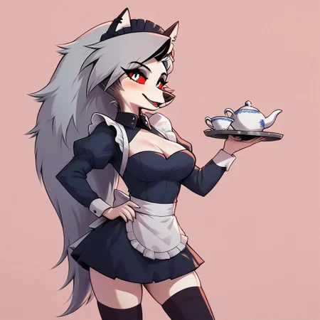 Expressive, score_9, score_8_up, score_7_up, score_6_up, score_5_up, score_4_up, maid, apron, thighhighs, maid_headdress, large_breasts, cleavage, teapot, tray, pink_background, hand_on_hip, white_hair, open_mouth, looking_at_viewer, cup, cleavage_cutout, maid_apron, teacup, red_eyes, smile, white_thighhighs,long_sleeves, simple_background, puffy_sleeves, blush, holding, animal_ears, hair_between_eyes, dress, alternate_costume, holding_tray, juliet_sleeves, green_eyes, fang, clothing_cutout, frills,Loona