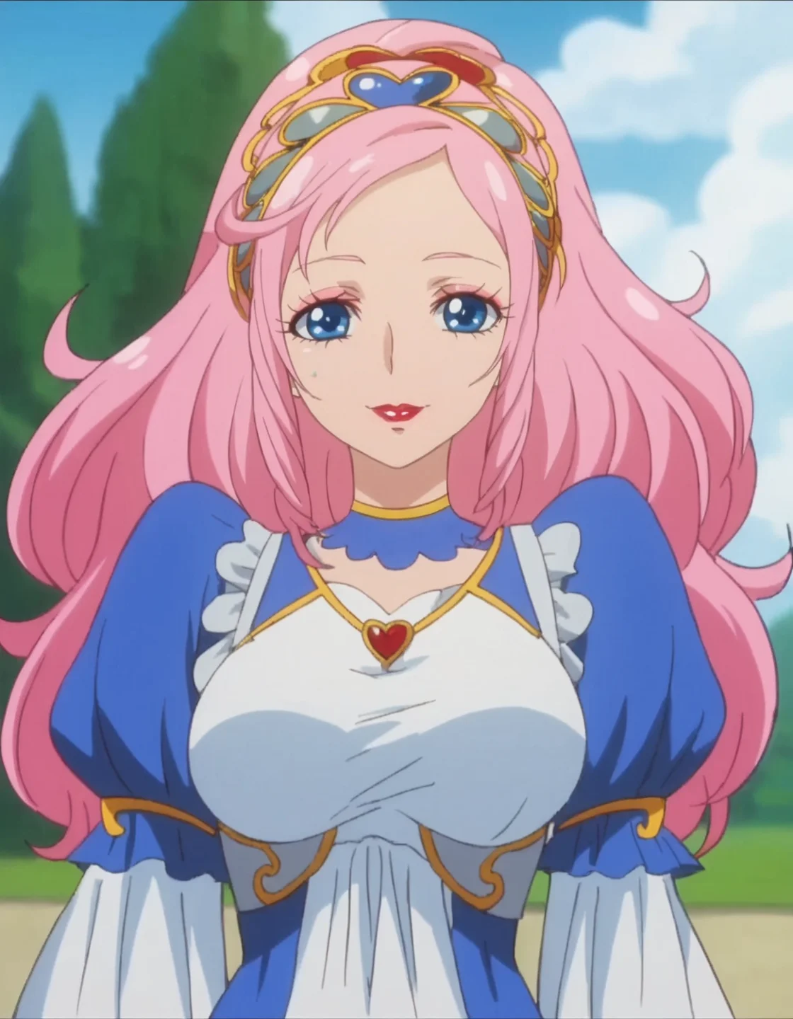 score_9, score_8_up, score_7_up,anime screencap,1girl,solo,marieanje,  dress, smile,makeup,looking at viewer, lipstick, hairband, choker, jewelry, brooch,cowboy shot,large breasts<lora:marieange:0.8>