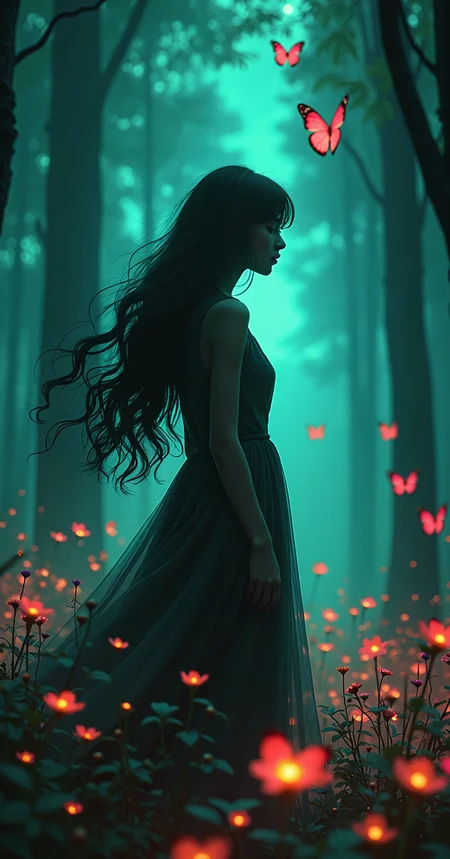 masterpiece, high quality, photorealistic, hyper-detailed, 8K resolution, abstract composition, 1girl, centered, side view, black silhouette of a girl, (long flowy hair:1.2), flowy skirt, green forest background, ((dynamic pose)), ((flowers)), ((glowing butterflies)), night time, dark theme, starry sky, glowing hair, cinematic lighting, vivid colors, ((saturated neon colors)), perfect hands, anzhcdreamwave, aesthetic, Perfect Hands, aurora borealis, ultra-realistic textures, volumetric lighting, depth of field, atmospheric perspective, professional photography, sharp focus, intricate details, dramatic contrast, high dynamic range, bokeh effect, rule of thirds composition, golden ratio, long exposure, ray tracing, subsurface scattering, ambient occlusion, realistic shadows, reflections, and highlights, studio-quality lighting setup, cinematic color grading, post-processing effects, lens flare, motion blur, film grain, HDR, DSLR, 50mm lens, f/1.8 aperture, ISO 100, 1/125 shutter speed