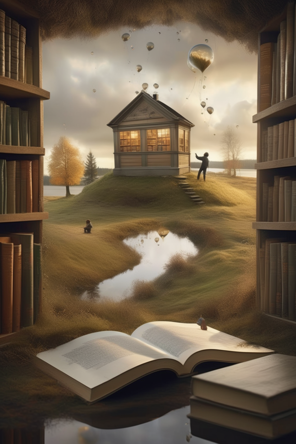 <lora:Erik Johansson Style:1>Erik Johansson Style - In the style of renowned surrealist photographer Erik Johansson, this ultra-realistic, dreamlike photograph paints an emotive story. A book of fairytales hovers mystically, merging with the familiar contours of a quaint library. This extraordinary clash of realms is set within a whimsical dawn, tinged with the ethereal hues of a sepia-toned color palette. The scene is charged with a palpable nostalgia, pulling viewers into an introspective journey where imagination and reality seamlessly blend. This dreamscape vision, captured in mesmerizing 8k detail, beckons to the boundless limits of the mind