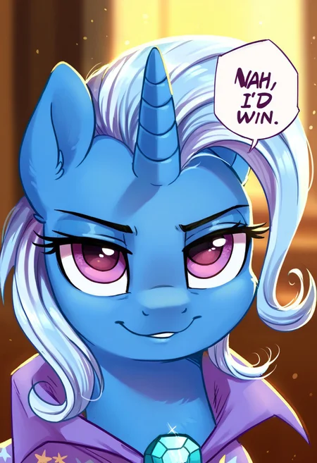 score_9, score_8_up, score_7_up, score_6_up, score_5_up, source_furry, 1girl, pony, feral, Trixie_(mlp), light purple eyes, <lora:nah-id-win-ponyxl-lora-nochekaiser:1> nah id win, nah i'd win (meme), english text, speech bubble, meme, talking, straight-on, portrait,
