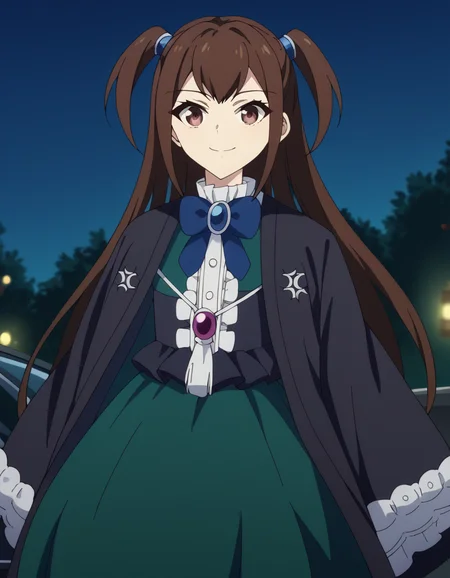 score_9, score_8_up, score_7_up, source_anime, <lora:kizuna-kazayama-s2-ponyxl-lora-nochekaiser:1>, kizuna kazayama, long hair, brown hair, brown eyes, two side up,, long sleeves, dress, bow, frills, wide sleeves, bowtie, cape, blue bow, brooch, green dress, black cape,, gas station, pumps, car, fuel, lights, smile, <lora:seductive-smile-ponyxl-lora-nochekaiser:1>, seductive smile, come hither, naughty face,, looking at viewer, solo,, dutch angle, cowboy shot