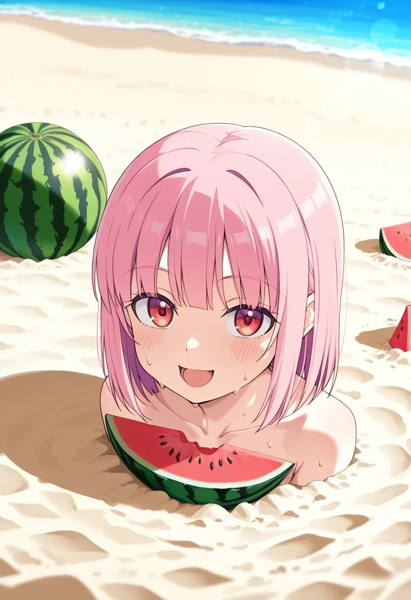 great quality,1girl,solo,scenery,absurdres,,looking at viwer, pink hair,,medium hair,straight hair,,eyewer on head,red eyes,sand beach,((watermelon,watermelon on sand)),((cropped head, buried underground sand)),,(almic,akakura,ogipote,dikko:0.7), (sincos:0.6), ,smile,,lens flare,depth of field,day,summer,sweat drop,:d,collarbone