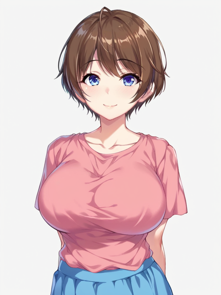 score_9, score_8_up, score_7_up,  
1girl, kusakabe akiho, short hair, brown hair, blue eyes, large breasts,
pink t-shirt, short sleeves, blue skirt, 

looking at viewer, smile, closed mouth, arms behind back,

standing, upper body, 
white background, solo,