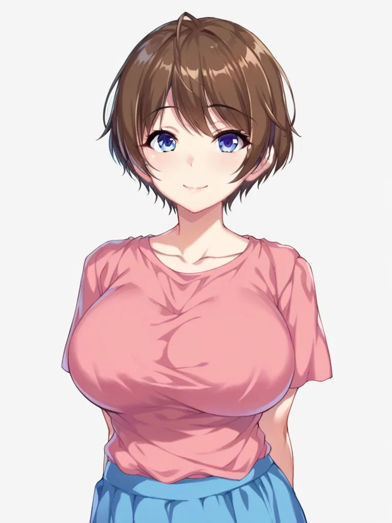 score_9, score_8_up, score_7_up,
1girl, kusakabe akiho, short hair, brown hair, blue eyes, large breasts,
pink t-shirt, short sleeves, blue skirt,
looking at viewer, smile, closed mouth, arms behind back,
standing, upper body,
white background, solo,