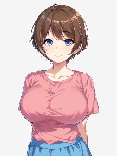 score_9, score_8_up, score_7_up,
1girl, kusakabe akiho, short hair, brown hair, blue eyes, large breasts,
pink t-shirt, short sleeves, blue skirt,
looking at viewer, smile, closed mouth, arms behind back,
standing, upper body,
white background, solo,