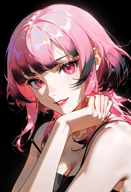 1girl,solo,looking at viewer, echo (circa), gradient hair,multicolored hair,black hair, pink hair, mori_calliope