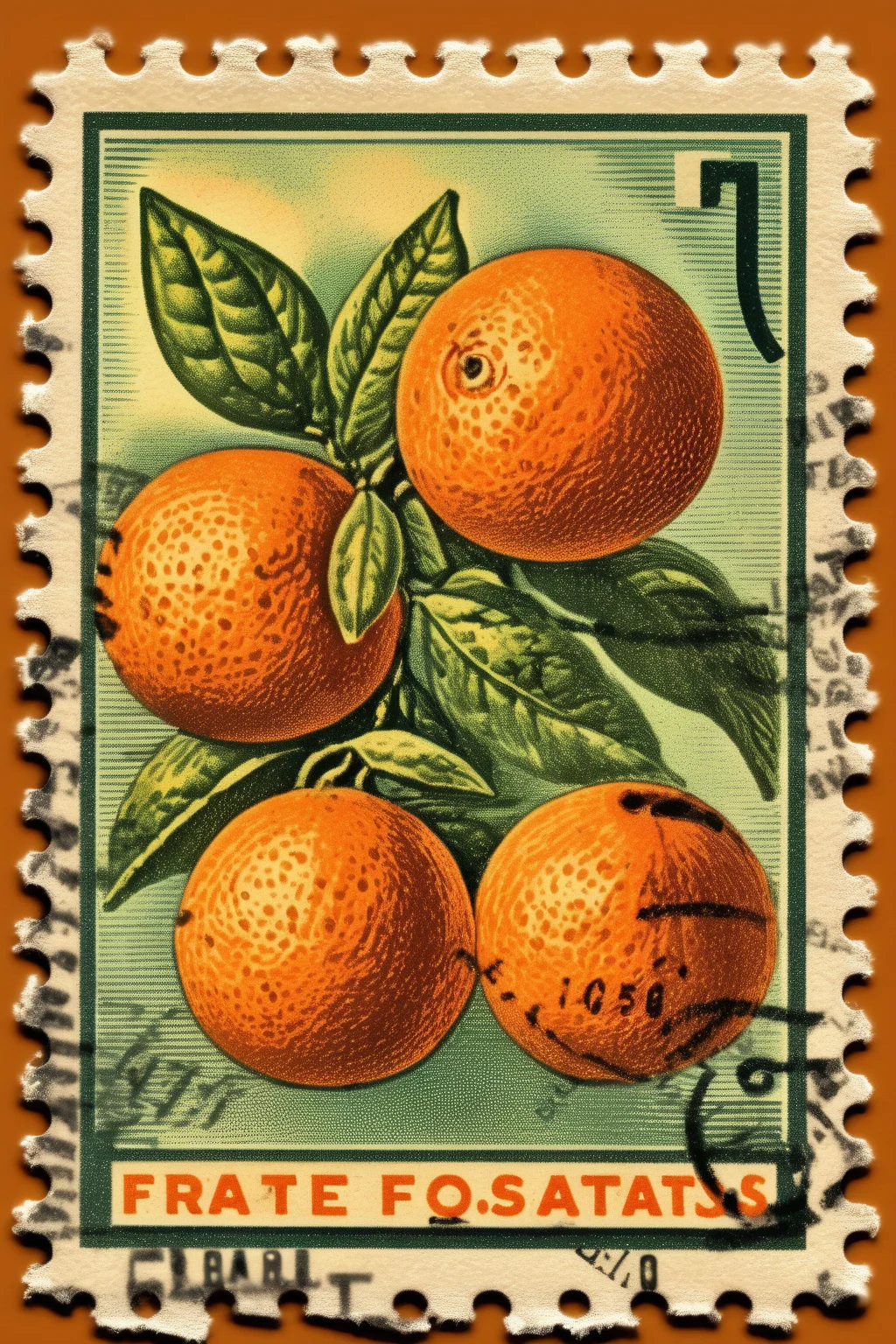 <lora:Vintage Postage Stamps:1>Vintage Postage Stamps - a vintage postage stamp with a postmark featuring oranges
