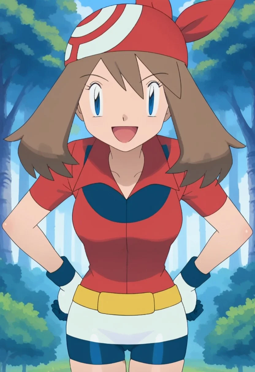 score_9, score_8_up, score_7_up, source_anime, anime screencap, 1girl, pokemon_may, brown hair, medium hair, bangs, blue eyes, red bandana, patterned bandana, red collared shirt, gloves, yellow fanny pack, white skirt, cycling shorts, smiling, open mouth, standing, hands on hips BREAK outdoors, forest, day, looking at viewer,