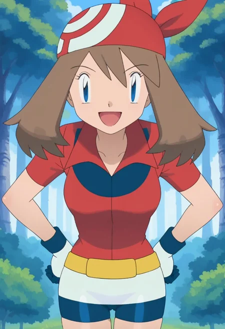 score_9, score_8_up, score_7_up, source_anime, anime screencap, 1girl, pokemon_may, brown hair, medium hair, bangs, blue eyes, red bandana, patterned bandana, red collared shirt, gloves, yellow fanny pack, white skirt, cycling shorts, smiling, open mouth, standing, hands on hips BREAK outdoors, forest, day, looking at viewer,