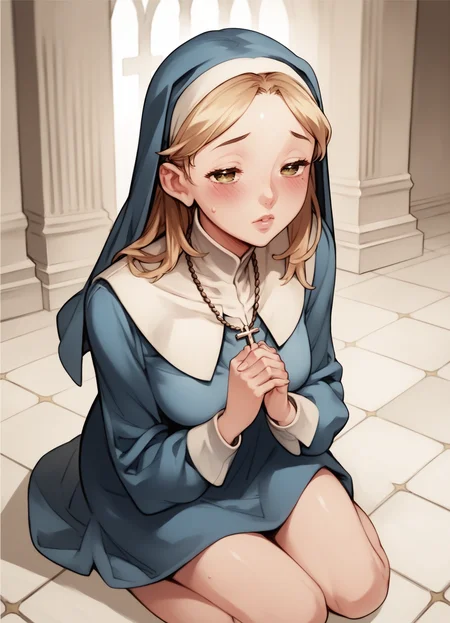 score_9, score_8_up, score_7_up, source_anime, holy light, 1girl, solo, pray, nun, blush, sitting, habit, half close eyes, cross necklace, brown hair, black eyes, blonde hair, brown eyes, kneeling,
, <lora:NishiEda_PonyXL_dim24:1>