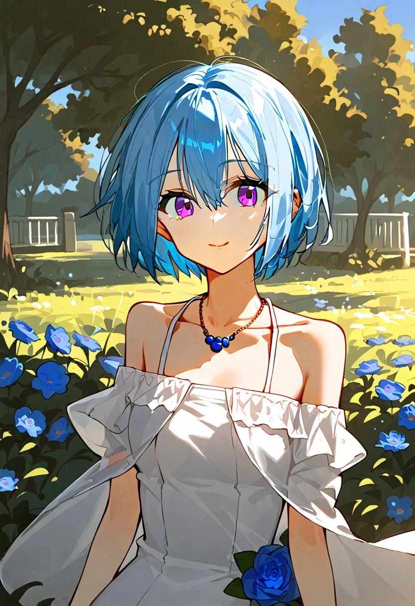 score_9, score_8_up, score_7_up, source_anime BREAK masterpiece, best quality, 1girl, solo,jillian littner, blue hair, purple eyes, short hair, jewelry, necklace, white dress, off-shoulder dress,
blue flower, frilled dress,  upper body, park,   <lora:ntmf_majorcharacters_pdxl:1.0>