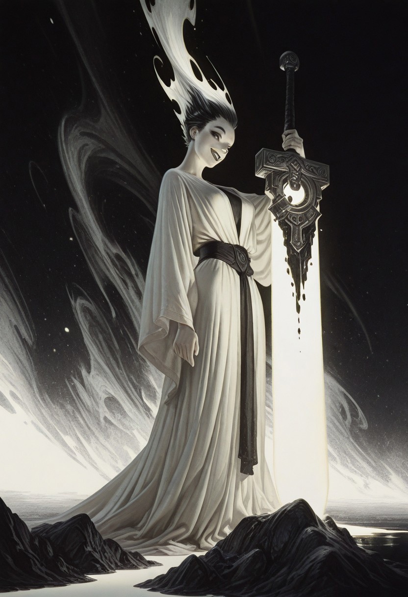 Bright, almost blinding monochrome manga sketch, minimal rough lines, seductive female embodiment of Death, long white robe flowing like liquid light, voluptuous woman, detailed face and hair, robe merging into surrounding glowing void, massive indistinct sword shimmering with unreal radiant energy, face as white void, wicked teasing grin piercing the light with eerie clarity, raw unfinished feel, heavy highlights, stark white contrasts, tense mysterious atmosphere, sketch texture, high contrast ink style, dynamic linework, abstract glowing space, unsettling visual tension, minimalist composition, light fantasy aesthetic, ethereal presence, subtle energy distortion, blinding brightness, 8k resolution, ArtStation trending, award-winning composition. giant sword, huge sword