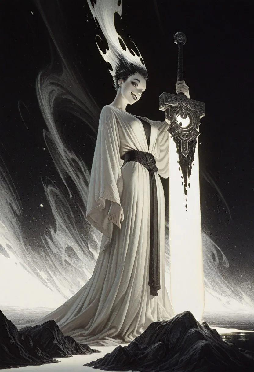 Bright, almost blinding monochrome manga sketch, minimal rough lines, seductive female embodiment of Death, long white robe flowing like liquid light, voluptuous woman, detailed face and hair, robe merging into surrounding glowing void, massive indistinct sword shimmering with unreal radiant energy, face as white void, wicked teasing grin piercing the light with eerie clarity, raw unfinished feel, heavy highlights, stark white contrasts, tense mysterious atmosphere, sketch texture, high contrast ink style, dynamic linework, abstract glowing space, unsettling visual tension, minimalist composition, light fantasy aesthetic, ethereal presence, subtle energy distortion, blinding brightness, 8k resolution, ArtStation trending, award-winning composition. giant sword, huge sword