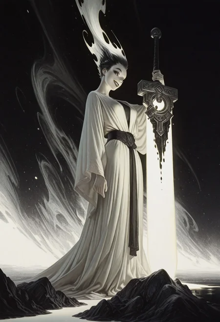 Bright, almost blinding monochrome manga sketch, minimal rough lines, seductive female embodiment of Death, long white robe flowing like liquid light, voluptuous woman, detailed face and hair, robe merging into surrounding glowing void, massive indistinct sword shimmering with unreal radiant energy, face as white void, wicked teasing grin piercing the light with eerie clarity, raw unfinished feel, heavy highlights, stark white contrasts, tense mysterious atmosphere, sketch texture, high contrast ink style, dynamic linework, abstract glowing space, unsettling visual tension, minimalist composition, light fantasy aesthetic, ethereal presence, subtle energy distortion, blinding brightness, 8k resolution, ArtStation trending, award-winning composition. giant sword, huge sword