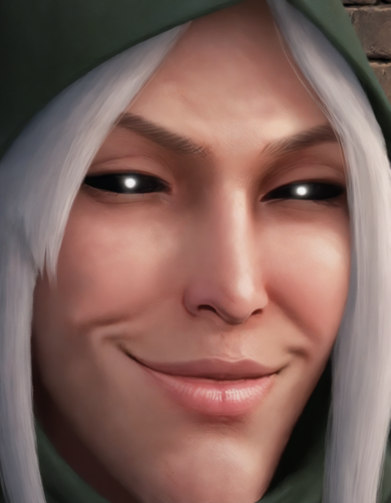 PARODY, anime, face focus, close-up, funny, meme, smug, ((SOLO, 1girl)), closed mouth, Thispleases, smile,KerillianVM, <lora:ThisPleasesV.01-000008:0.65>, BREAK <lora:KerillianVM.V01:0.8> , white hair, pointy ears, (black eyes, black sclera, white pupils), cloak, armor, hood, green cape, BREAK (inside castle, stone walls, dim light)  <lora:Disney_Animation_v5-V7:0.5> DISNEY_ANIMATION