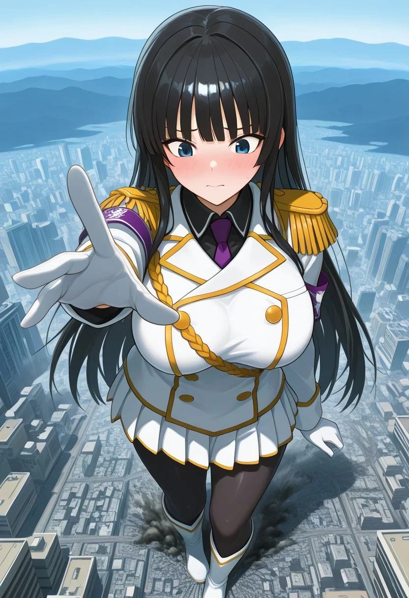 , giantess, full body view, foreshortening, foreshortening, Giantess, City, reaching for viewer, extremely close finger
aroused , embarrassed, blushing, masterpiece, score_9, score_8_up, score_7_up, score_6_up, score_5_up, score_4_up, 1girl, Ikaruga_XL, long black hair, blunt bangs, hime cut, dark blue eyes, large breasts ,Ikaruga_Shinobi, white military uniform, golden buttons, golden epaulettes, black shirt, purple tie, long sleeves, armband, white gloves, white pleated skirt, black pantyhose, white knee boots, tattered and ripped clothes
<lora:giantess-ponyxl-lora-nochekaiser:1> giantess, giant, city, building, outdoors, destruction,