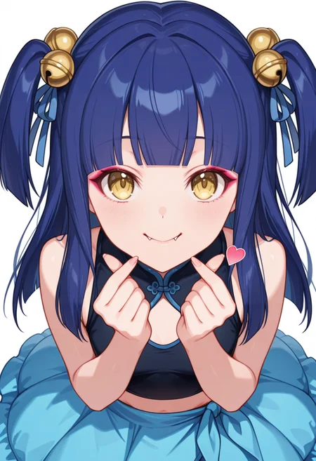 Smooth Quality,masterpiece,very intricate, high quality details, ultra realistic, high detailed skin,detailed enviorement,absurdres,
finger heart,
 <lora:Ranran_CNR:0.8> ranran_cnr,1girl, blue hair, long hair, two side up, blunt bangs, yellow eyes, fangs, hair ornament, hair bell,hair ribbon, hair bobbles,makeup,, crazy smile,, simple background, white background, from above,solo,, sarong,compression shirt,  ,balloon skirt,  ,