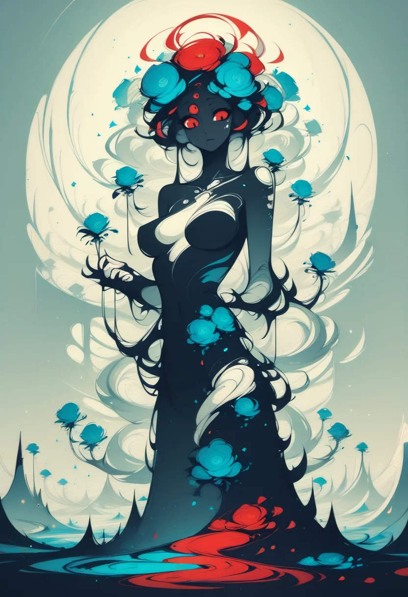 score_8_up, giant, monster girl, breasts, red eyes, blue flowers, restricted palette, swirl,<lora:NoctAbstractConcept-000010:1>
