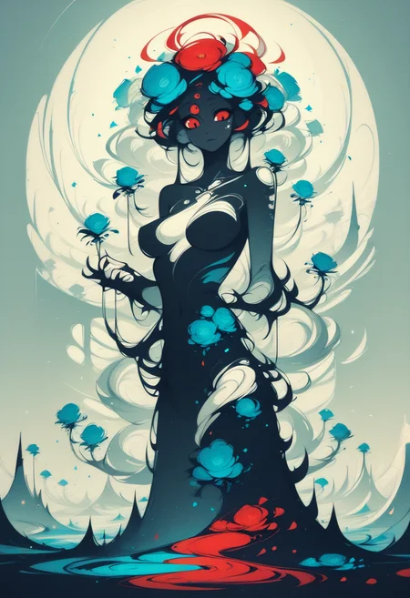 score_8_up, giant, monster girl, breasts, red eyes, blue flowers, restricted palette, swirl,<lora:NoctAbstractConcept-000010:1>
